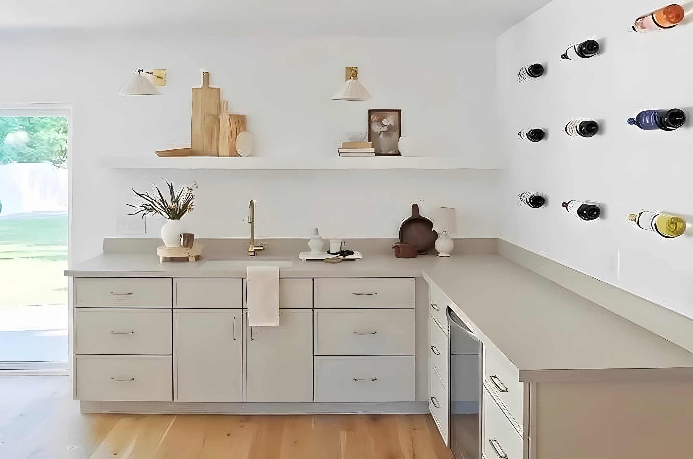 Every detail of this wet bar was handled in-house — from the custom floating shelves to the electrical work powering the wine refrigeration.
