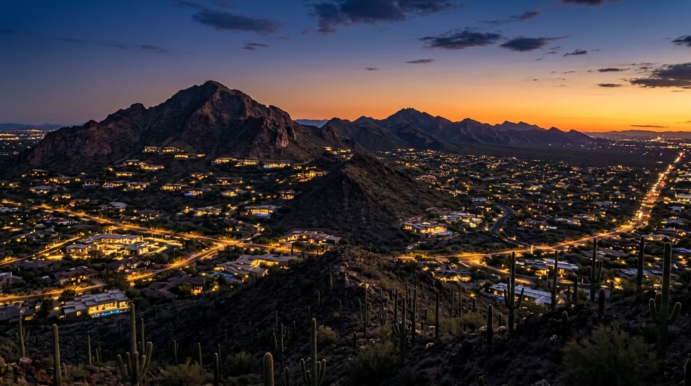 Panoramic dusk view across Scottsdale and Paradise Valley