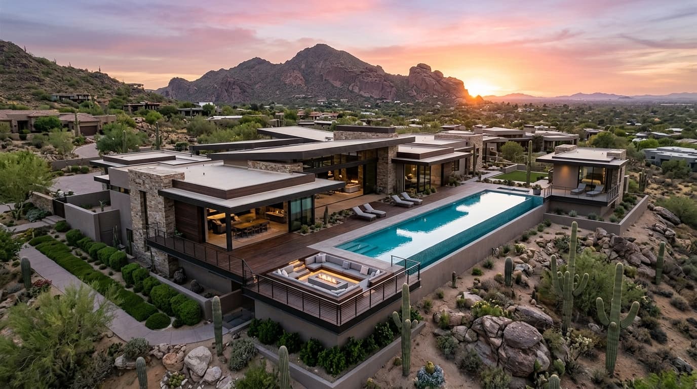 Aerial dusk view of a custom estate in Paradise Valley