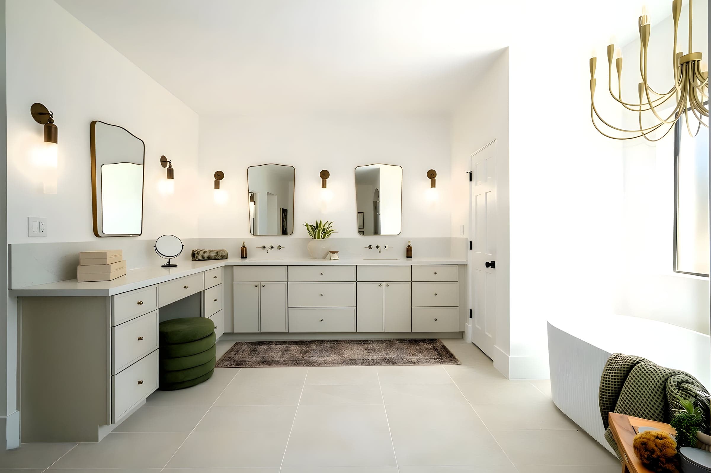 Custom floating vanity with LED backlighting and natural stone countertop — all plumbing work done by our in-house licensed plumber.