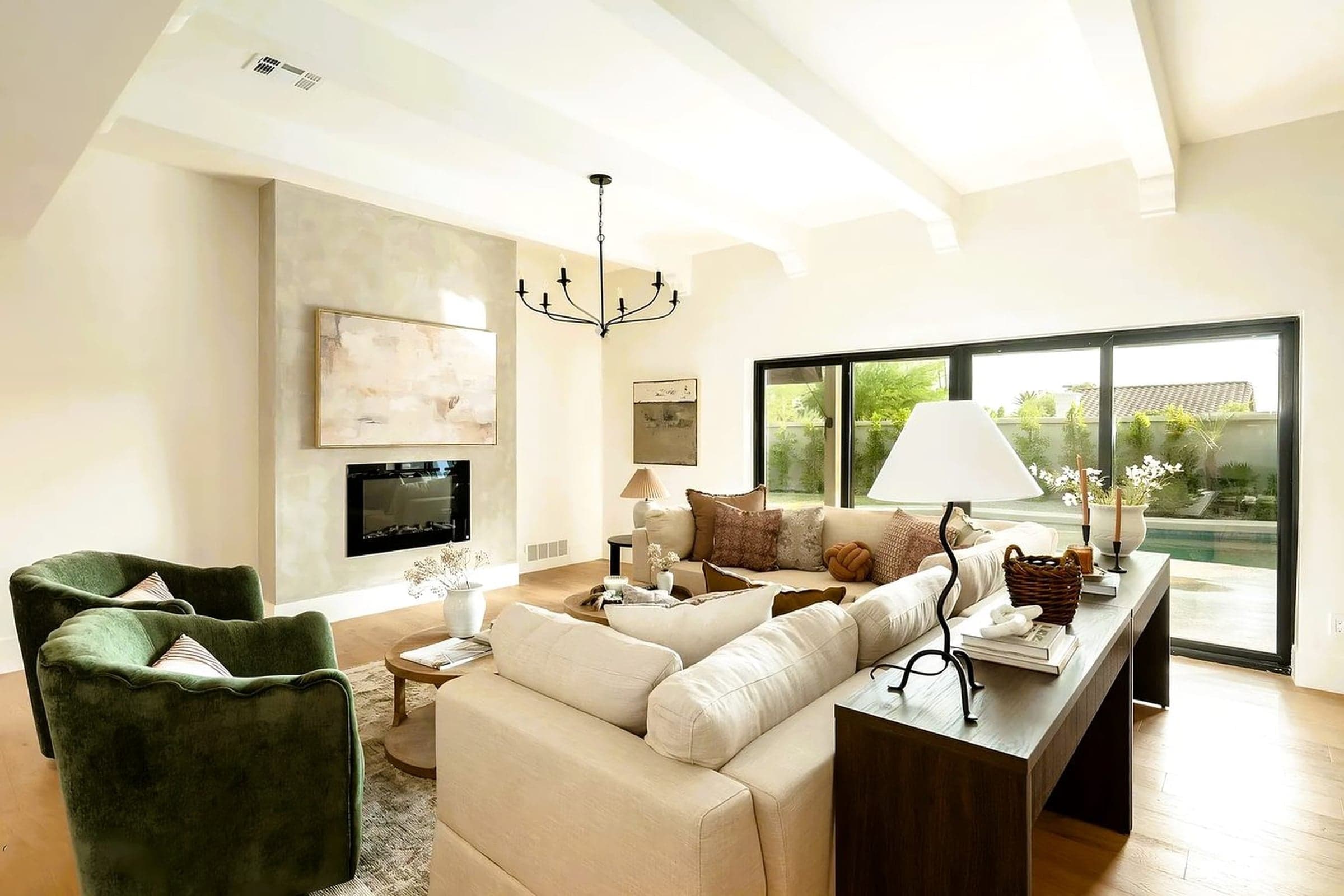 Clean lines and neutral tones let the desert landscape take center stage in this Pinnacle Peak living room.