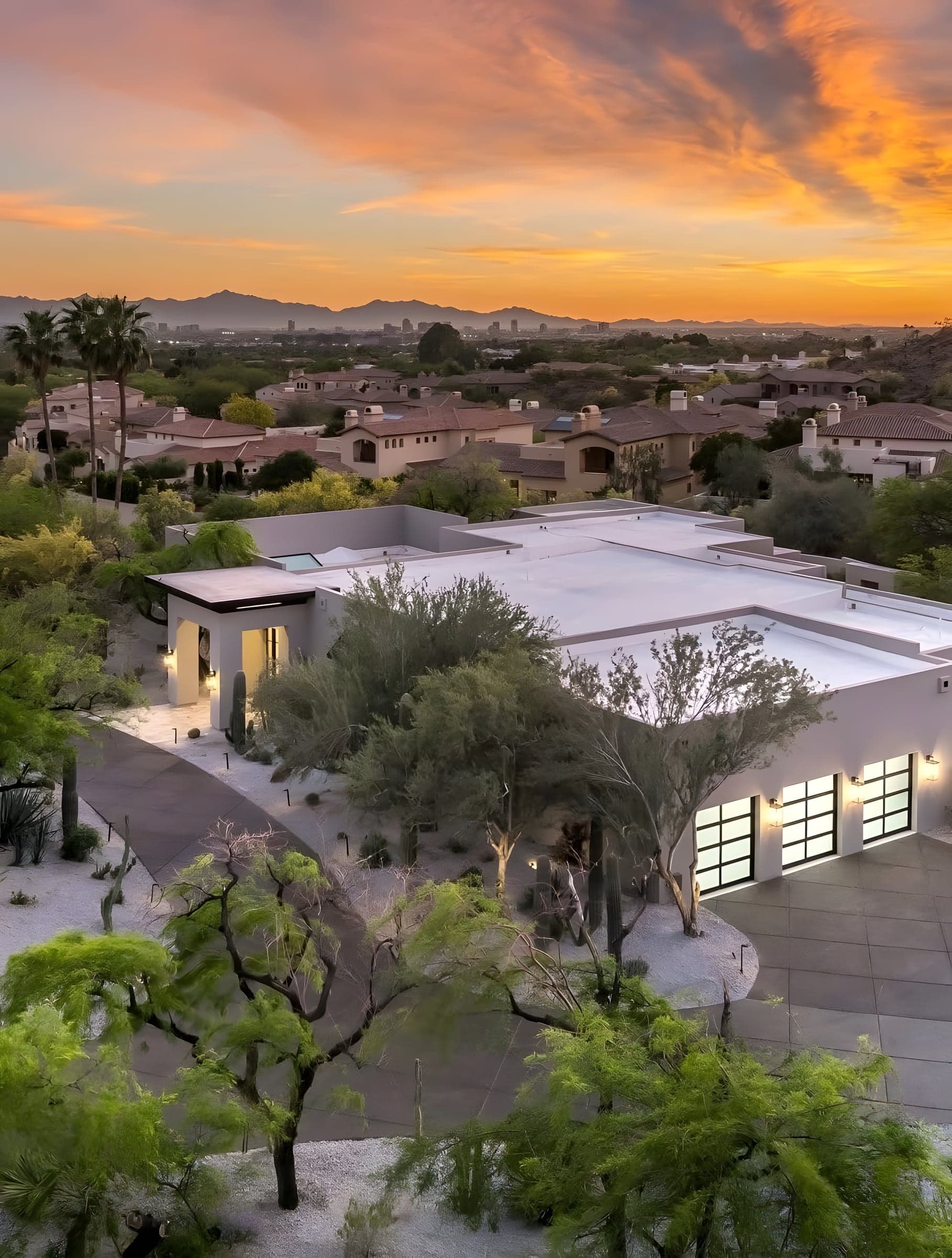 Aerial sunset view of a luxury Paradise Valley home remodel