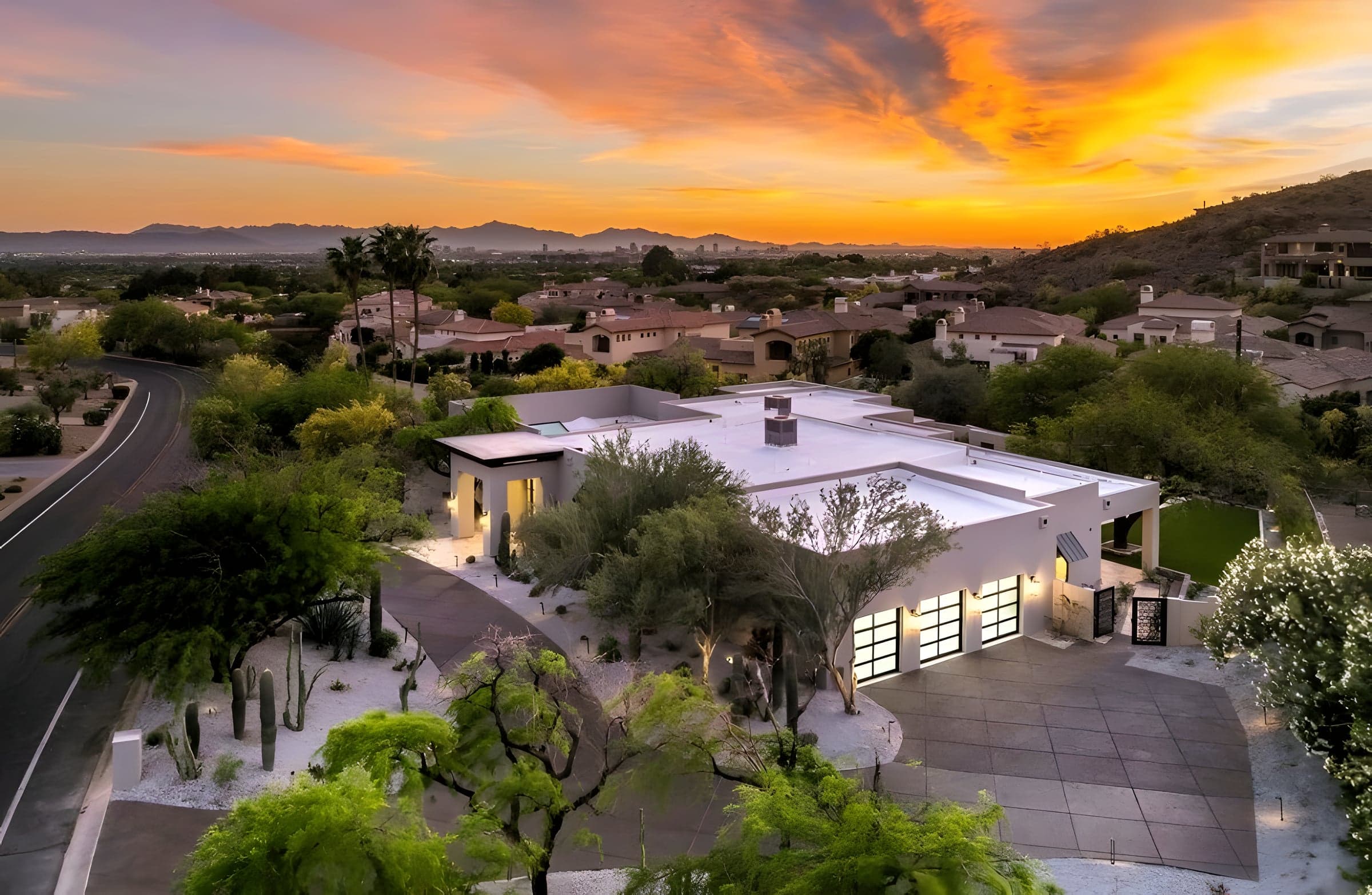 Aerial Streetside at Sunset