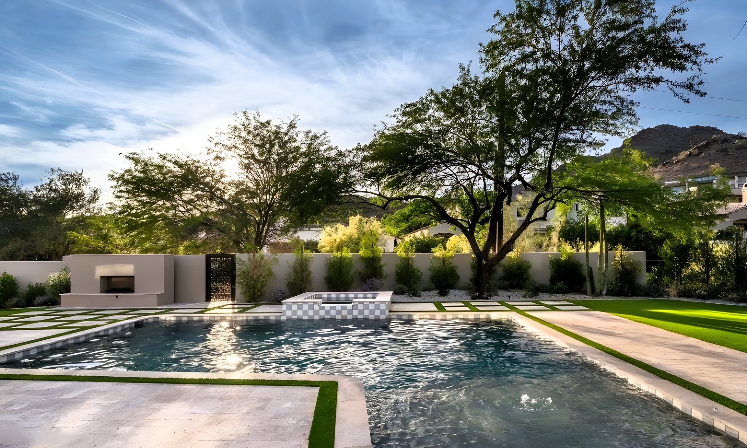 Paradise Valley pool at golden hour with mountain backdrop