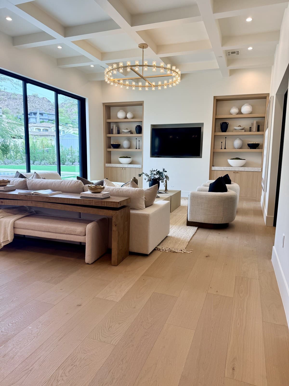 Paradise Valley great room with ring chandelier and mountain views