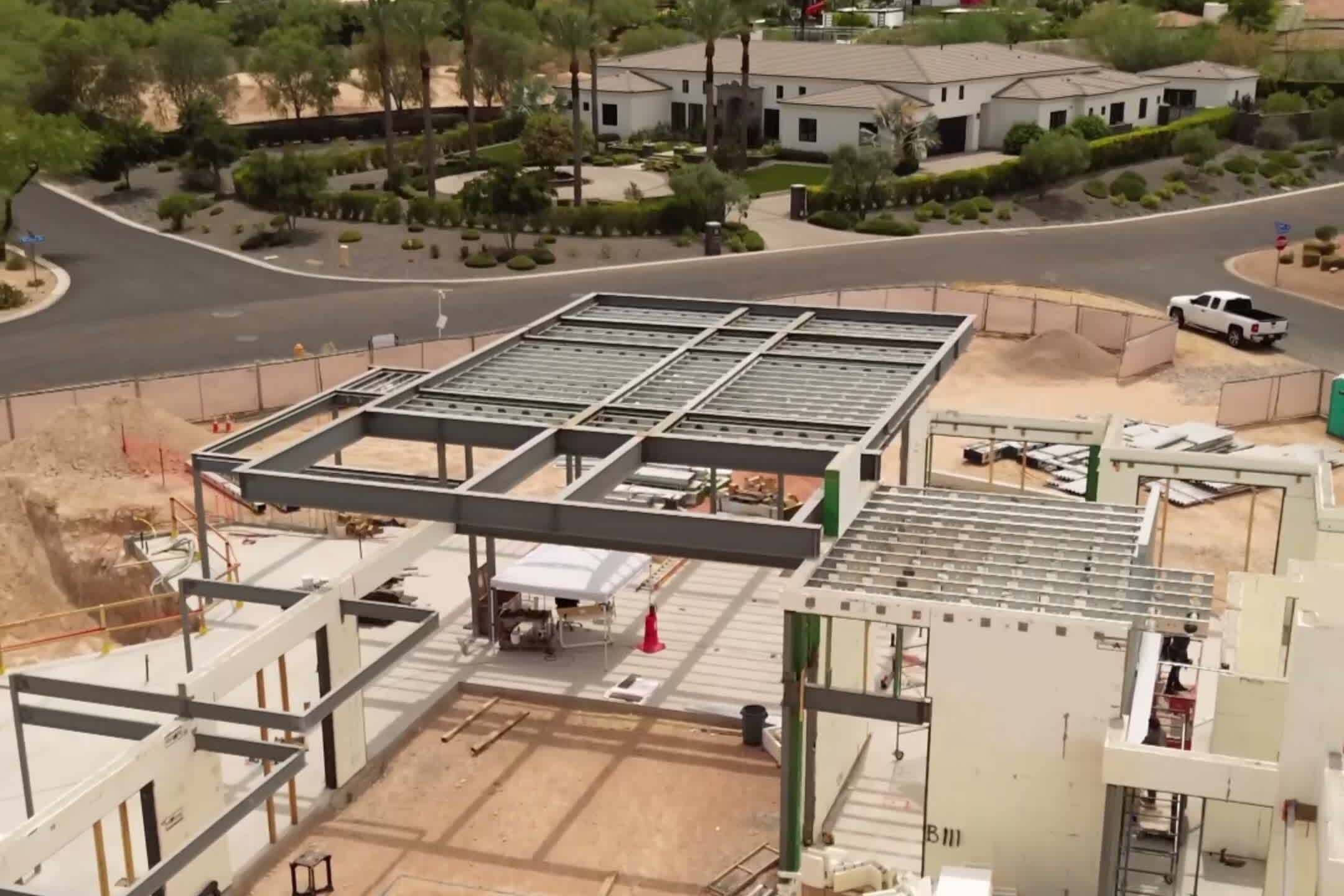 Aerial view of framing on a ground-up custom home in Paradise Valley by Saddlewood Contracting