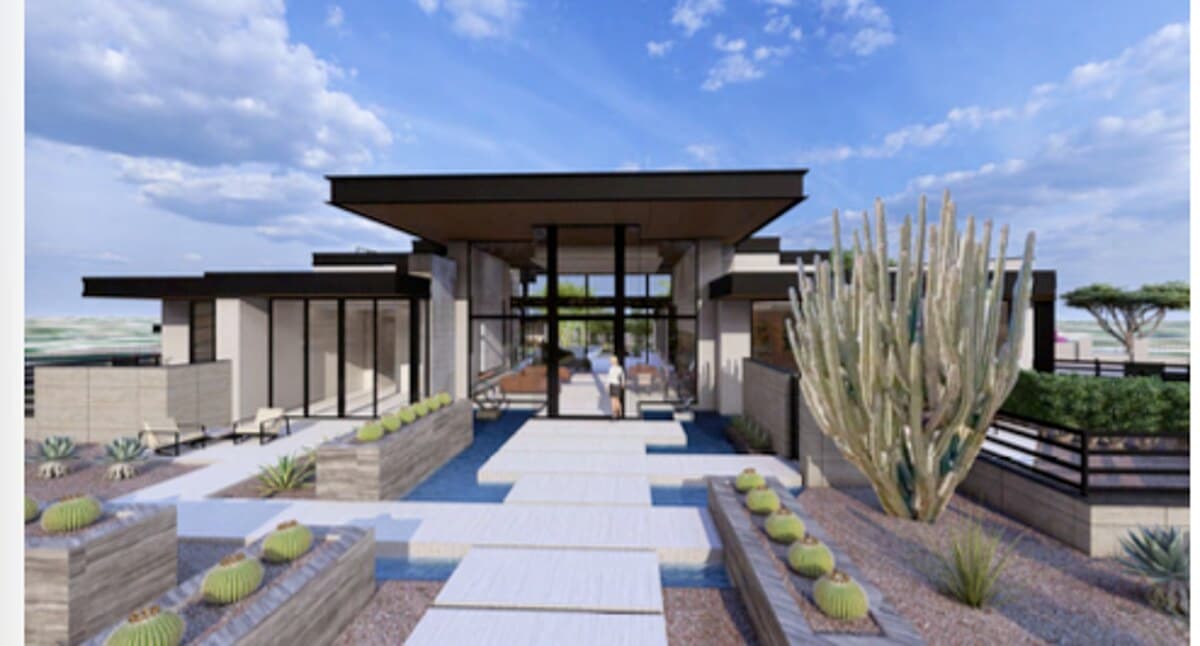 Rendering of the entry courtyard and walkway of the estate in progress in Paradise Valley