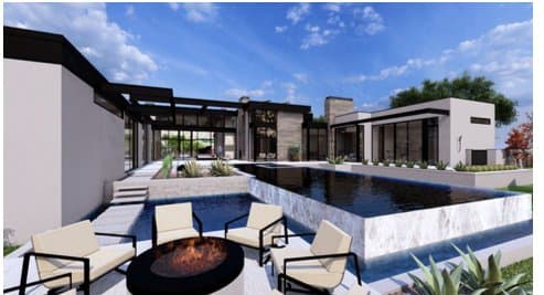 Rendering of the fire pit beside the pool of the estate in progress in Paradise Valley