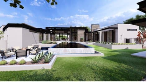 Rendering of the patio lounge beside the pool of the estate in progress in Paradise Valley