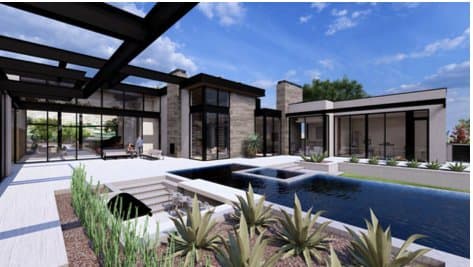 Rendering of the widest rear view across the pool of the estate in progress in Paradise Valley