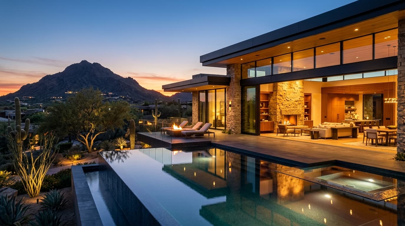 Completed modern luxury design-build estate at twilight with cantilevered terrace and reflecting pool