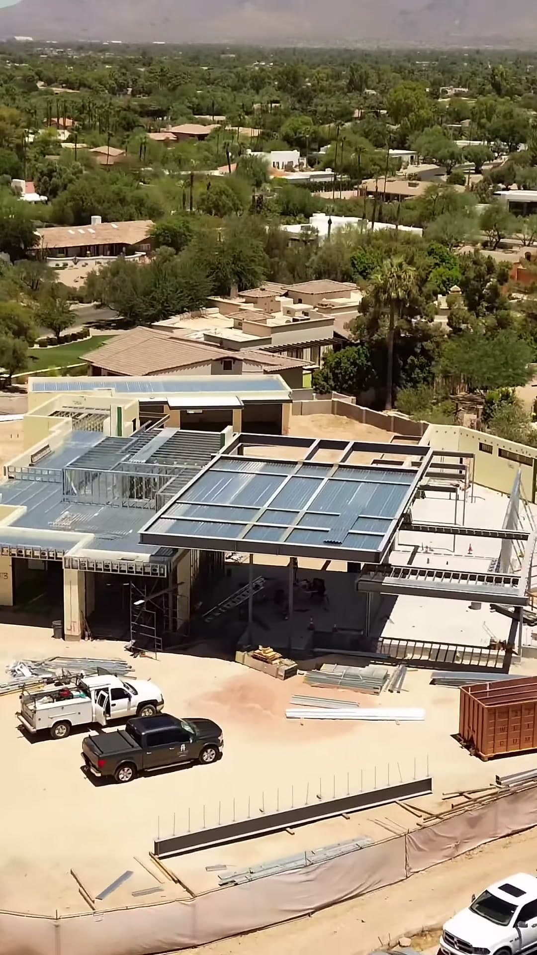 Drone aerial of the roof deck framing on the Paradise Valley estate