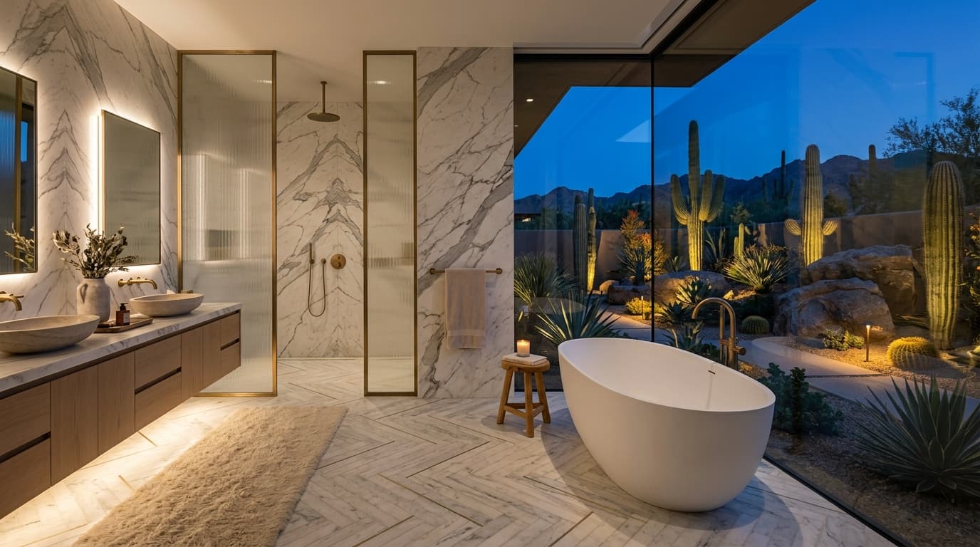 Architectural study of the master spa bath with freestanding soaking tub and illuminated boulder garden