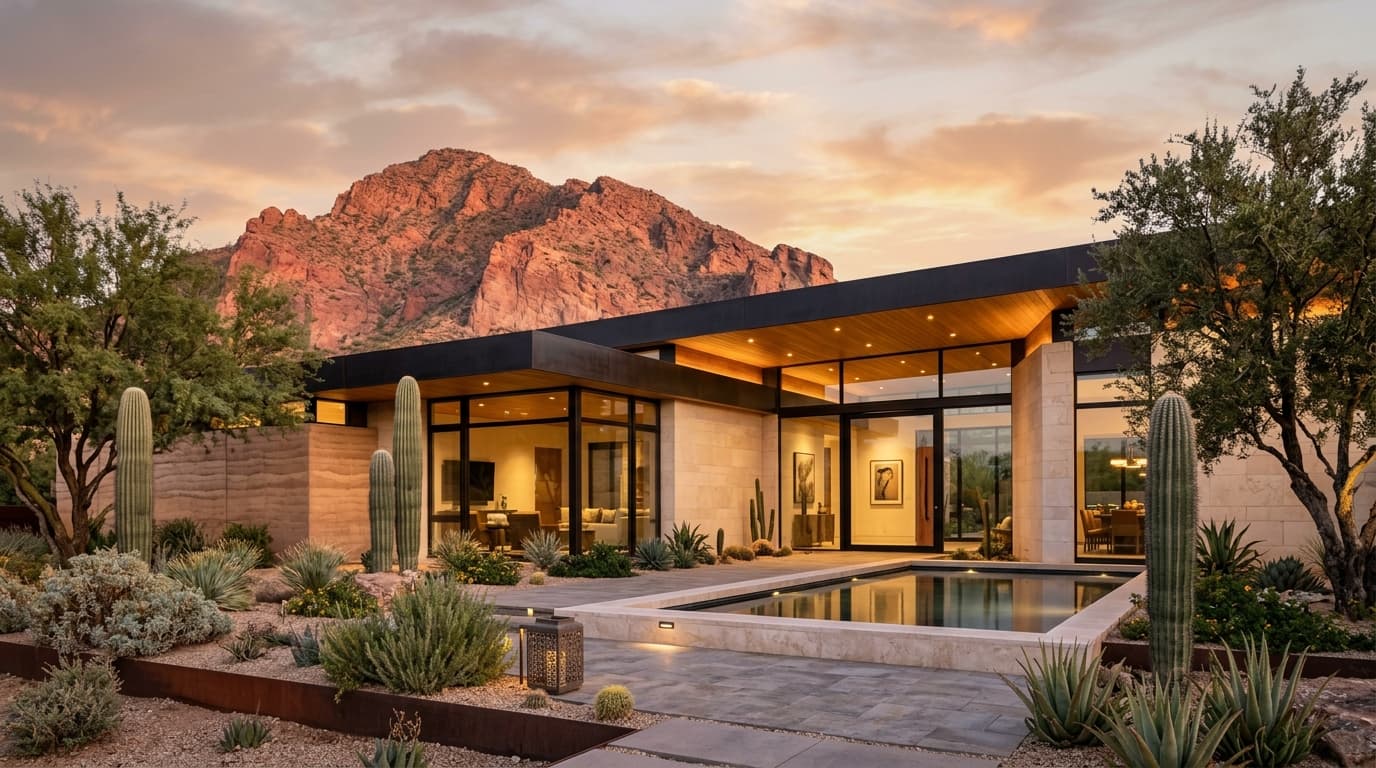 Completed luxury modern estate in Paradise Valley at dusk