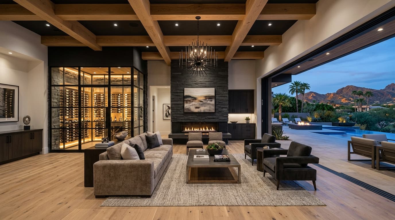 Architectural study of the open great room with statement wine wall and linear stone fireplace
