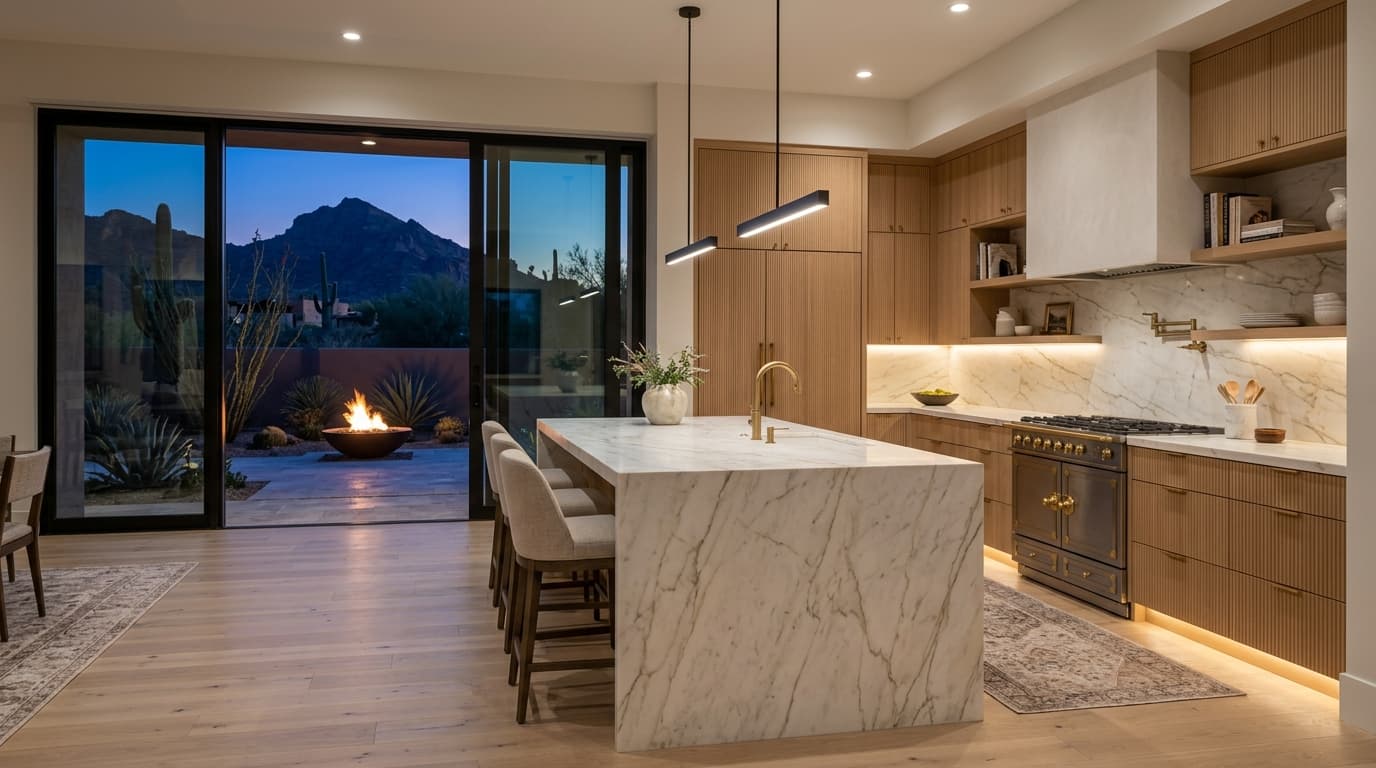 Architectural study of the chef's kitchen with bookmatched waterfall marble island and fluted white oak